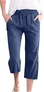 Sale Women's Fluid Pants Summer Linen 3/4 Length Lightweight Work Trousers Yoga and Pilates Trousers Large Size Elastic Casual Clothing with Pockets Loose Drawstring Jogging Pants Cheap