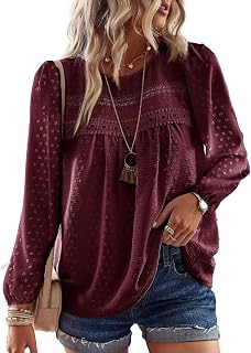 Women’s Long-Sleeve Boho Top, Flowing, Elegant, Spring, Autumn Tunic, Round Neck, T-Shirt, Cute, for Casual Outfits, Lace, Winter Clothing