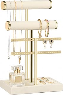 Josmimic 3 Tiers Jewellery Organizer - Beige Velvet Jewellery Holder for Bracelets, Necklaces, Watches, Rings