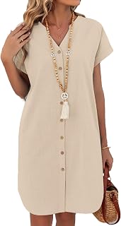 Summer Dress Women Short Sleeve Shirt Dress Linen V Neck Straight Beach Dresses Elegant Short Dresses with Pocket S-XXL
