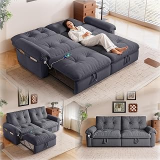 77" Queen Size Sofa Bed, Loveseat Sleeper Sofa with Pull Out Bed, Pockets and USB, Modern 2 Seater Convertible Small Couch for Living Room Bedroom Apartment, Gray