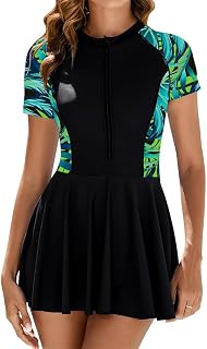 Women's One Piece Short Sleeve Swimsuits, Zip Front Swim Dress Swimwear with Bikini Bottoms and Built in Bra, Quick Dry Modest Bathing Suit for Women