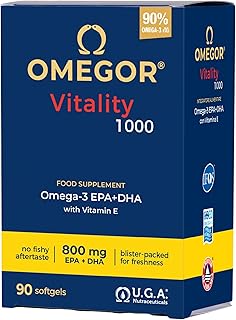 OMEGOR Vitality 1000 - Omega 3 Supplement 1000mg - Vitamin E - For Heart and Brain - 90% Omega 3 Concentration - IFOS 5 Star Certificate - Pure Fish Oil - 90 Capsules