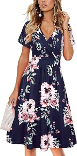 Women's Short Sleeve V Neck Wrap Summer Dress Casual Floral Sundress with Pockets