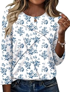 Ladies Tops 3/4 Sleeve Top for Women Crew Neck Pleated Shirts S-XXL
