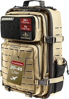 RUGSAK ALPHA Tactical Backpack [20-45L] Waterproof & Extremely Robust Military Survival Backpack for Outdoor Work Hiking Camping and Gym Molle Travel Backpack Men & Women, Desert sand, Variable size