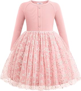 Girls Tulle Dress Long Sleeve with Button Placket for 3-8 Years