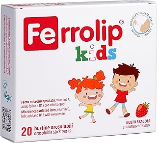 Ferrolip Kids Iron Supplement for Children from 3 Years with Folic Acid, Vitamin C and B12 (20 Oralsoluble Strawberry Sachets) – No Gastrointestinal Disorders – No Metallic Taste