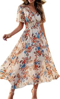 Women's Casual Loose Short Sleeve V Neck Floral Print Dress