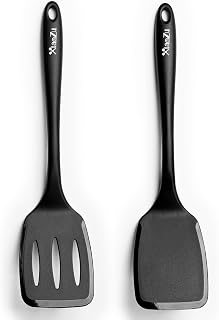 2 Pack Spatulas Set, Seamless Spatulas Silicone Heat Resistantan, Solid & Slotted Turners for Non Stick Cookware, Kitchen Utensils for Fish, Eggs, Pancakes, Wok (Black)