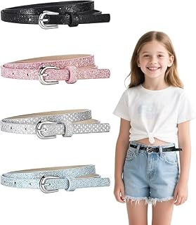 Girls Belt 4 Pack Kids Glitter PU Leather Waist Belts, Fashion Shiny Belts Metal Buckle for Dress Pants Jeans, Colorful Kids Belt for Girls Size 6-15