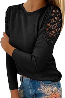 Fall Shirts for Women 2024 Trendy Crew Neck Long Sleeves Blouses Tops Dressy Casual Lace Floral Shoulder Basic Shirt