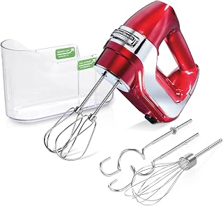 Hamilton Beach Professional 5-Speed Electric Hand Mixer for Baking, 120W DC Motor, Slow Start, QuickBurst, Snap-On Storage Case, Beaters, Dough Hooks & Whisk, Red (62653)