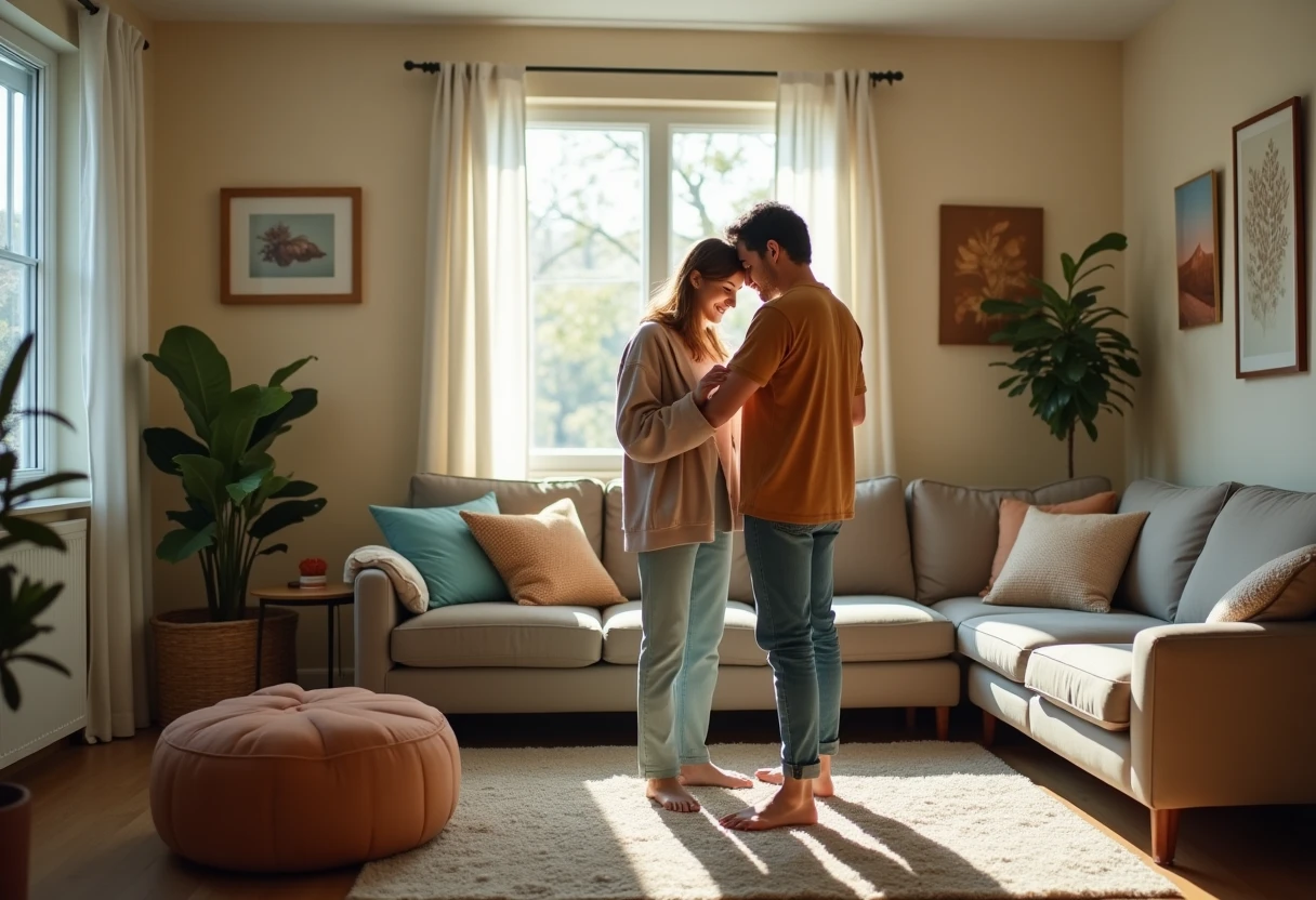 Young couple exploring a cozy apartment