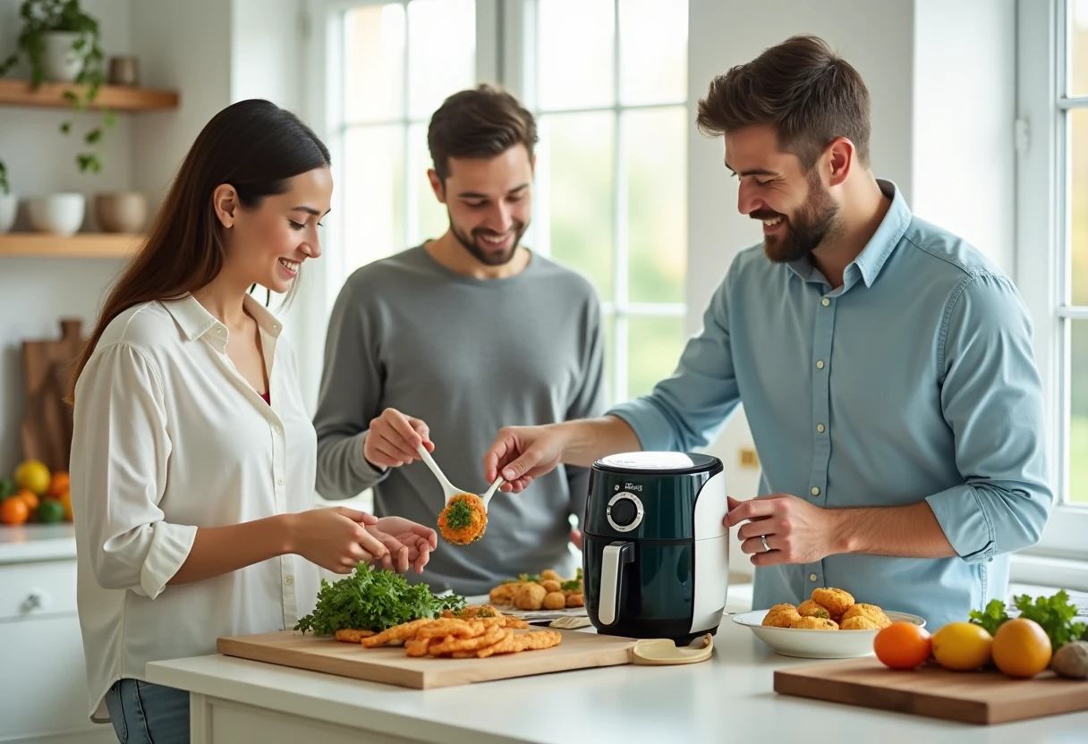 Family using an air fryer in the kitchen