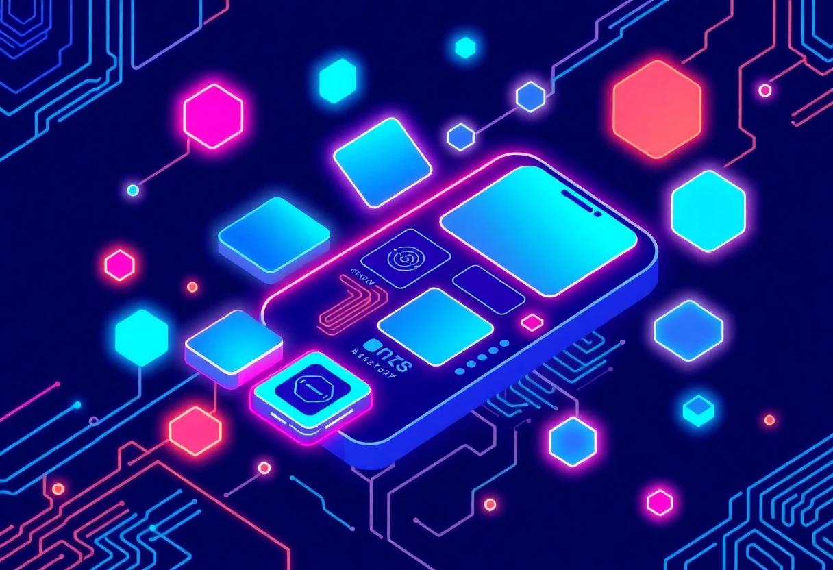 Geometric app tiles suggesting health and fitness