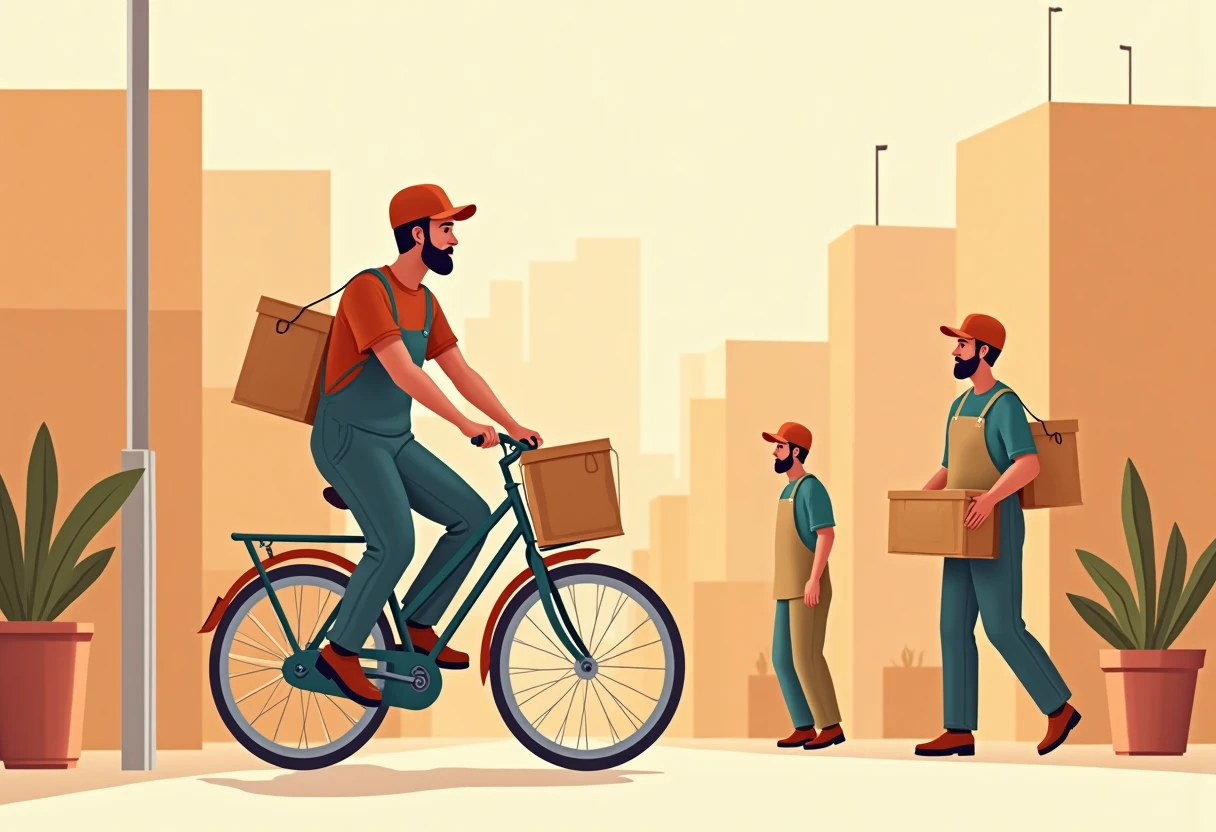 Entregador de bicicleta em uma cidade ensolarada