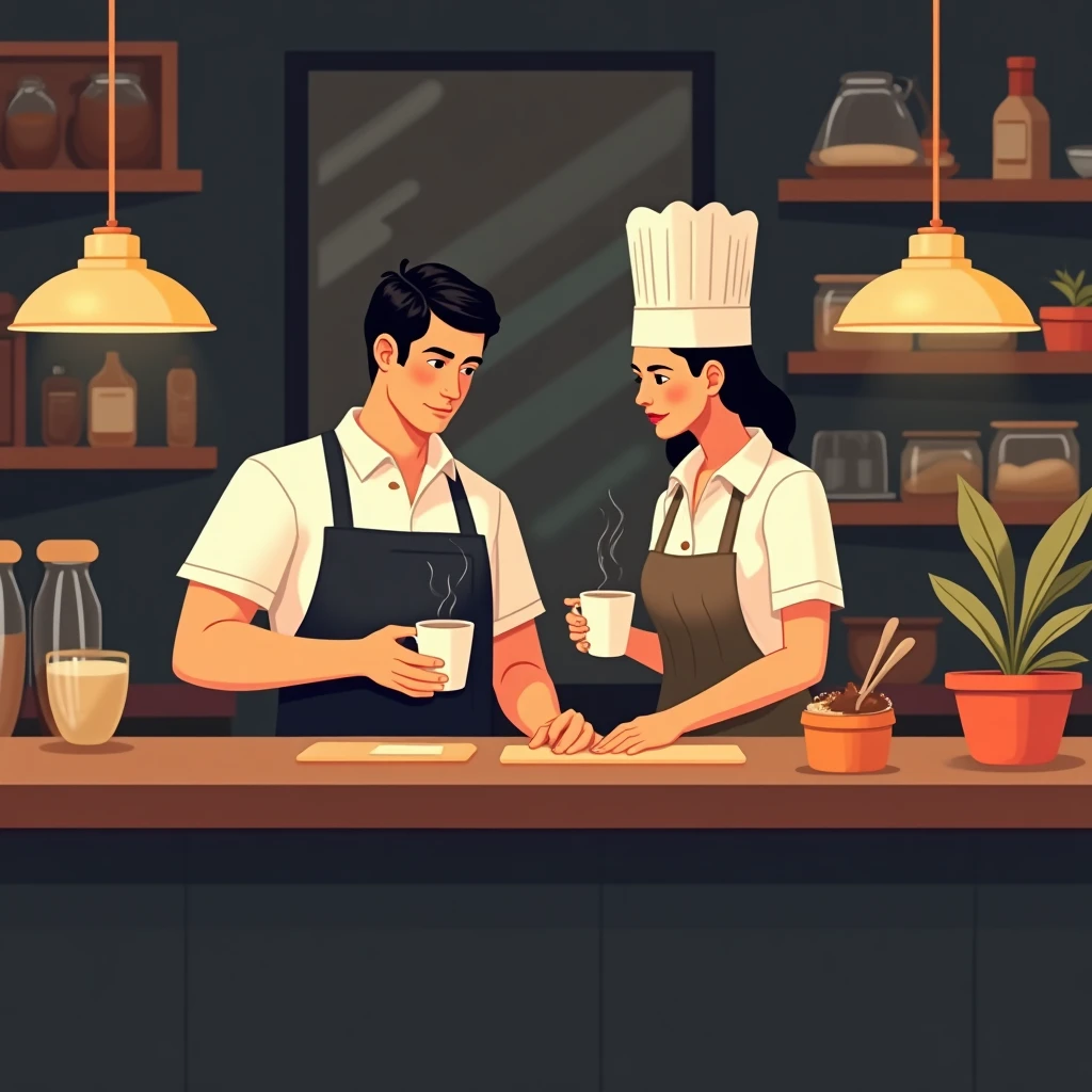 Barista y cocinero colaborando