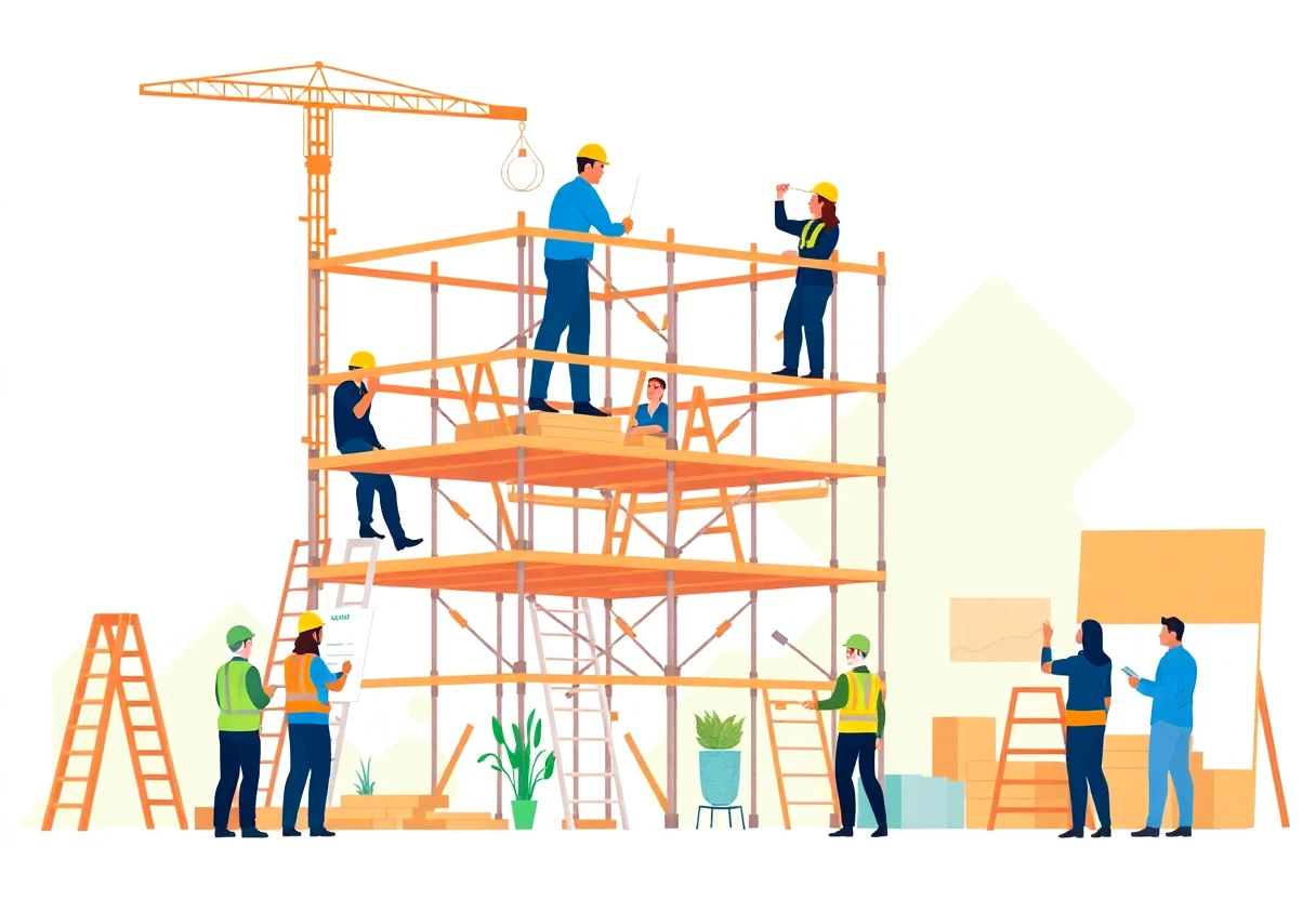 Construction workers assembling scaffolding