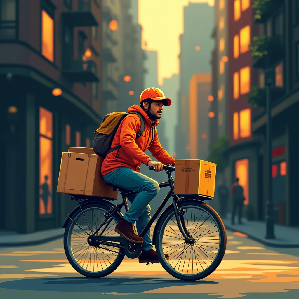 Courier on bicycle in city