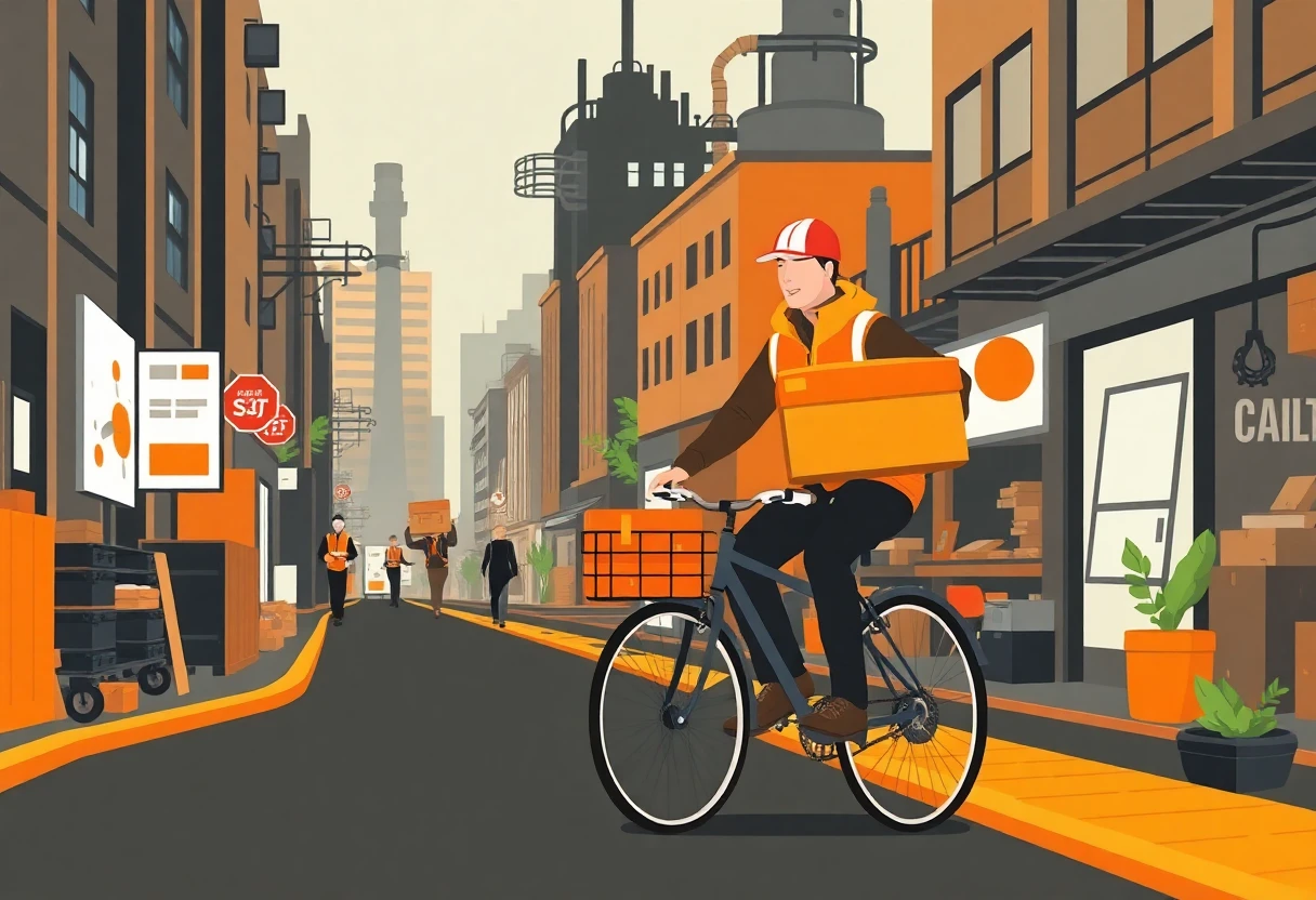 Courier delivering in city