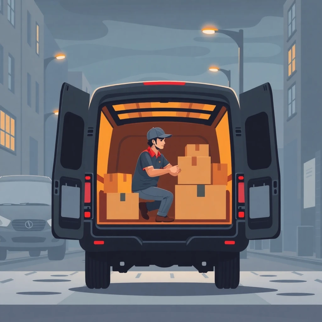 Delivery driver organizing packages