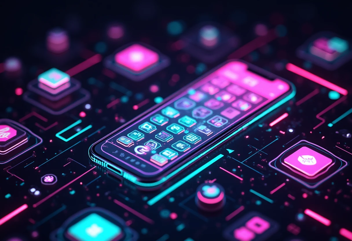 Abstract app icons in a cyberpunk setting