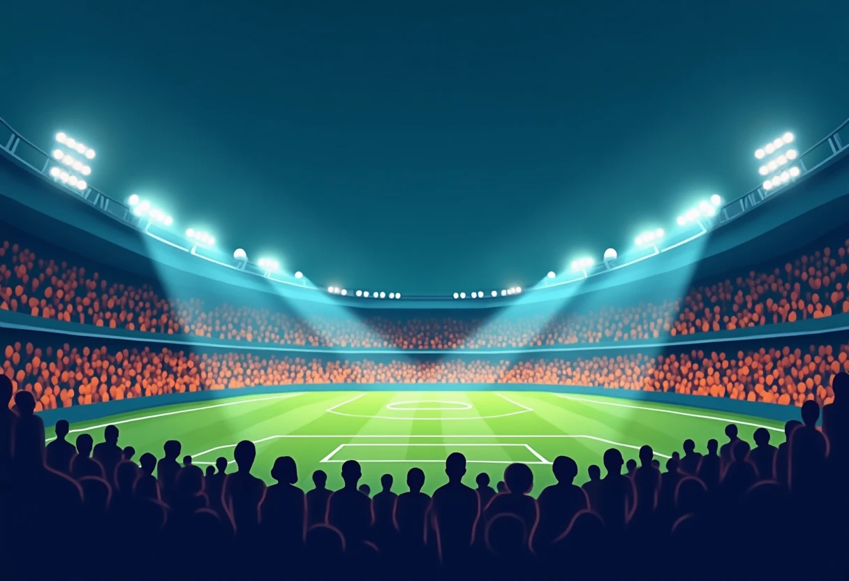 Estadio de fútbol iluminado de noche
