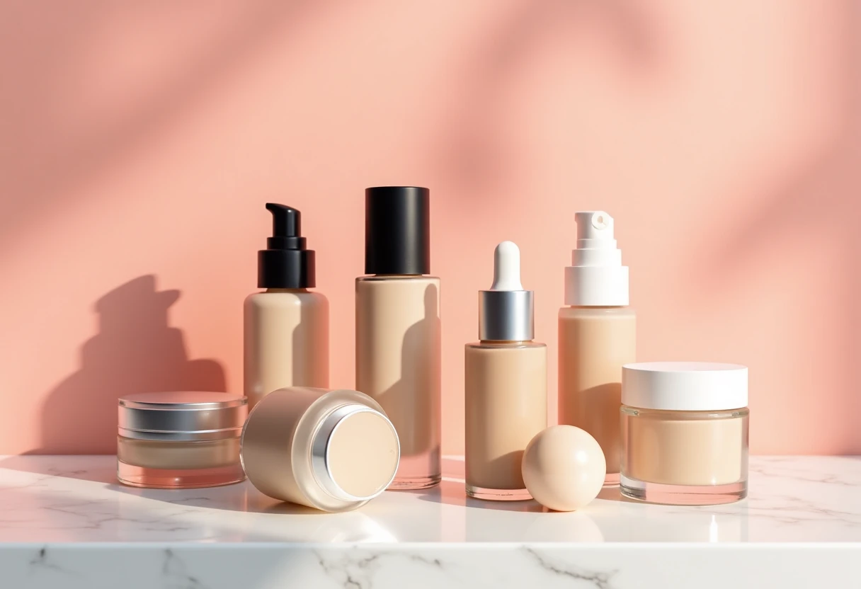 Assorted foundation bottles on a marble countertop