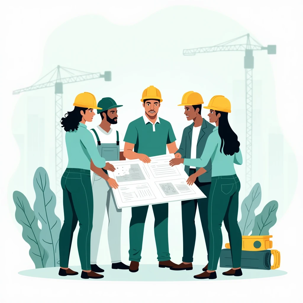 Trabajadores de la construcción revisando planos