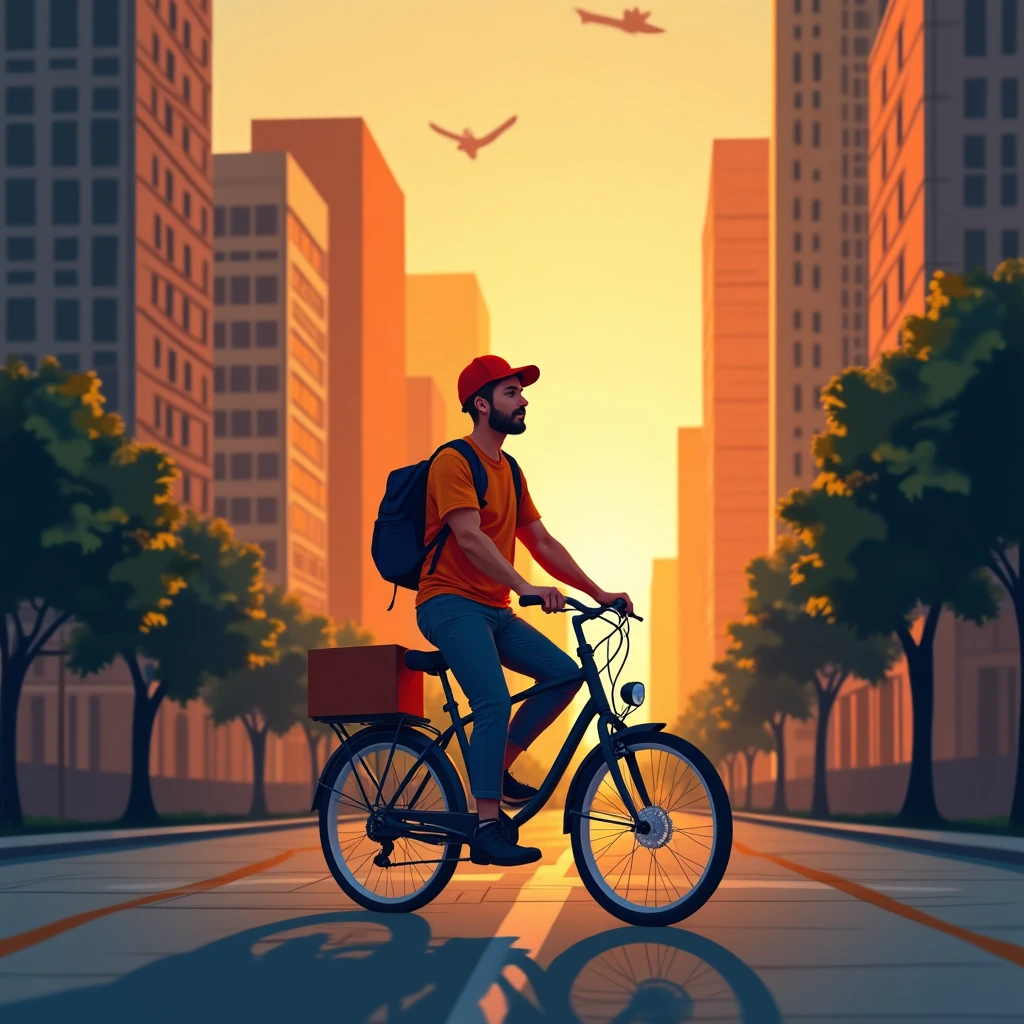 Repartidor en bicicleta al atardecer