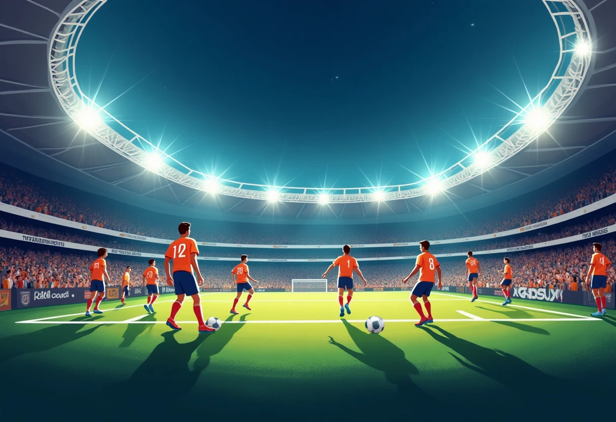 Campo de fútbol iluminado antes del partido