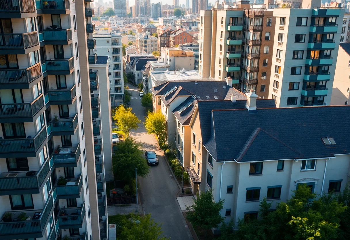 Urban apartment buildings with teal-green accents