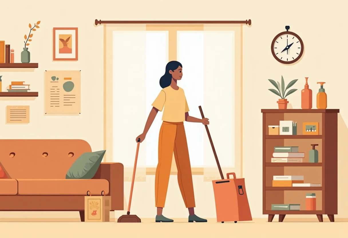 Self-employed cleaner organizing supplies