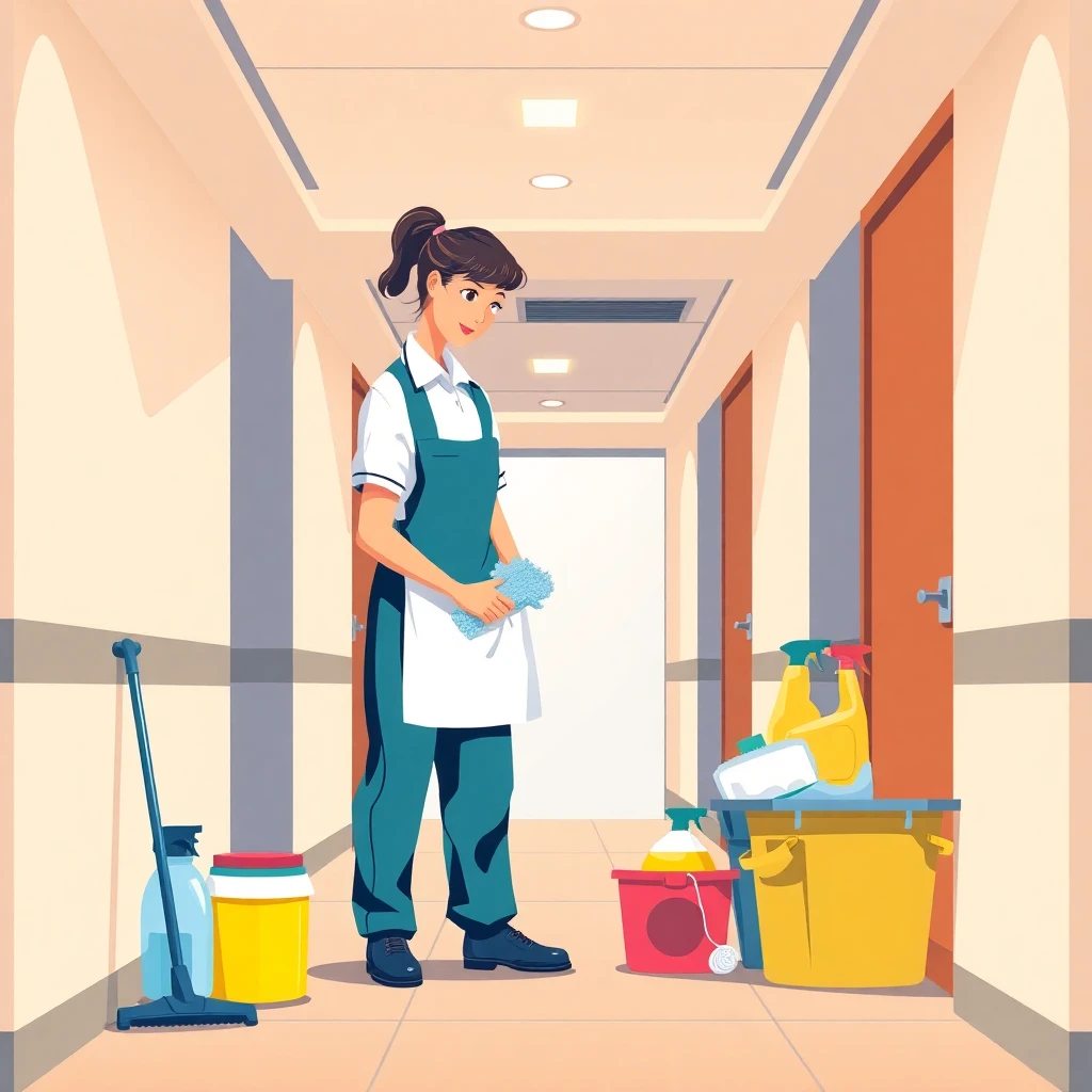 Housekeeper in a hotel hallway