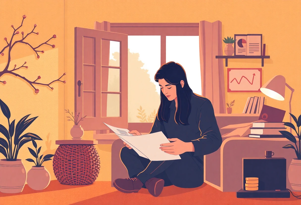 Reviewing loan documents in a home office