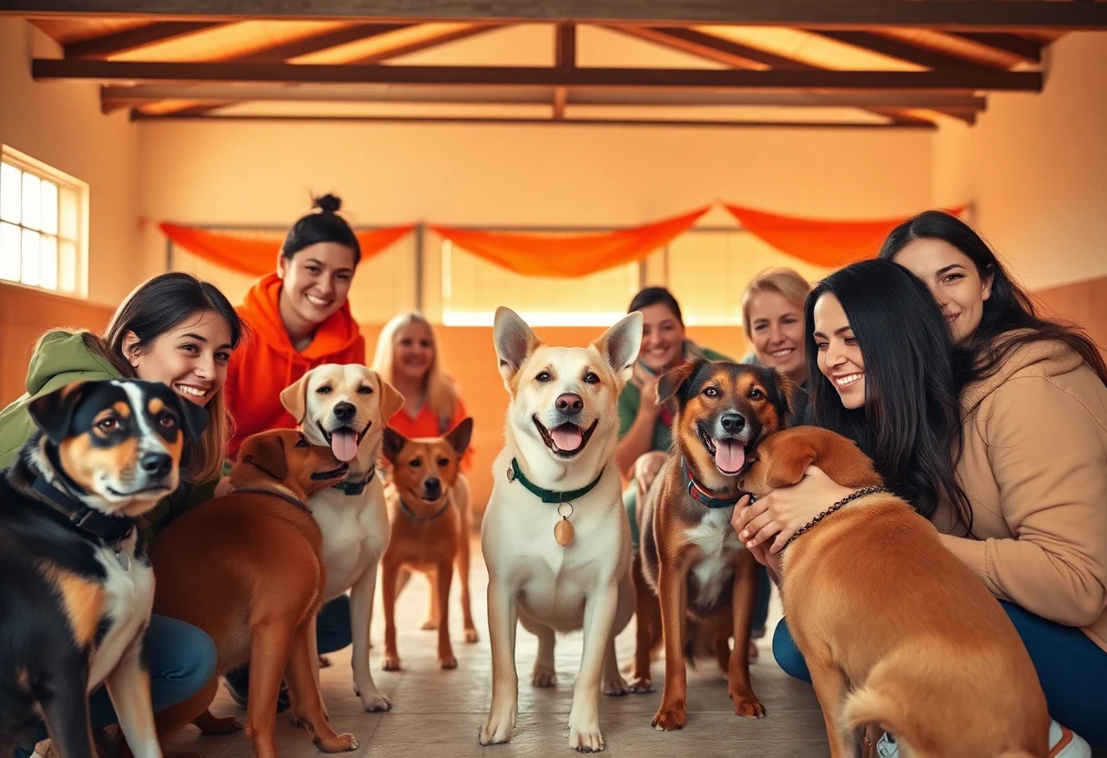 Voluntarios jugando con perros en refugio