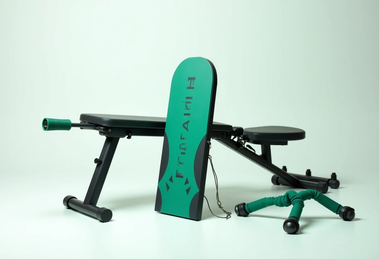 Home gym setup with push-up board and weight bench