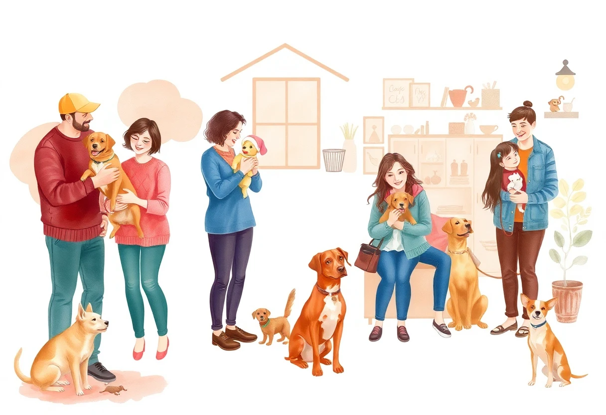 Escena de adopción de mascotas en un refugio
