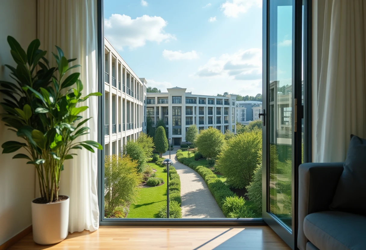 Modern apartment complex with green surroundings