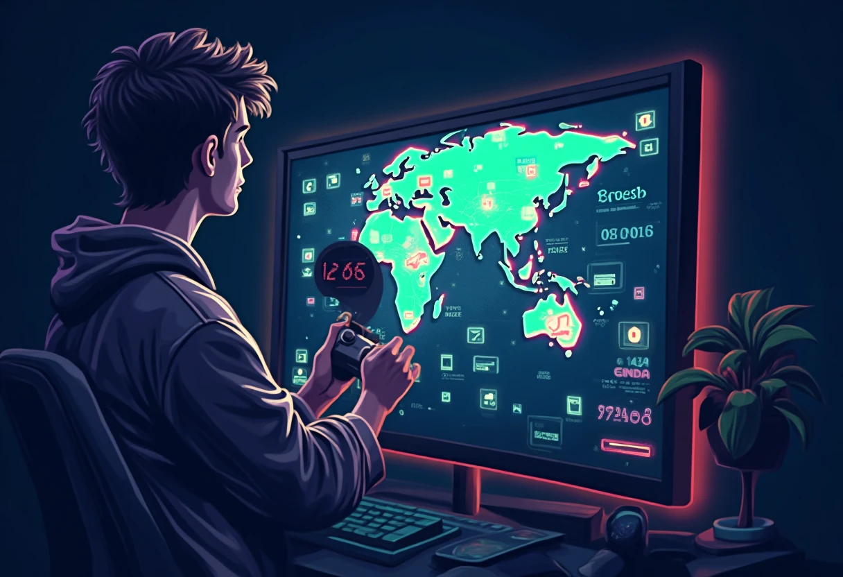 Gamer exploring game worlds