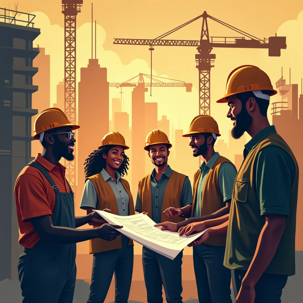 Construction workers reviewing plans