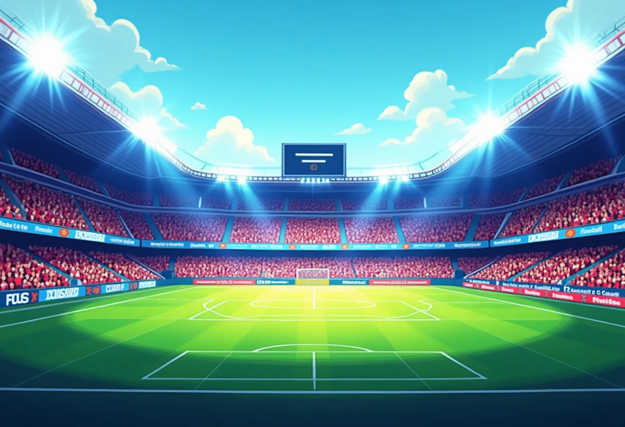 Vista aérea de un campo de fútbol con banderas de equipos