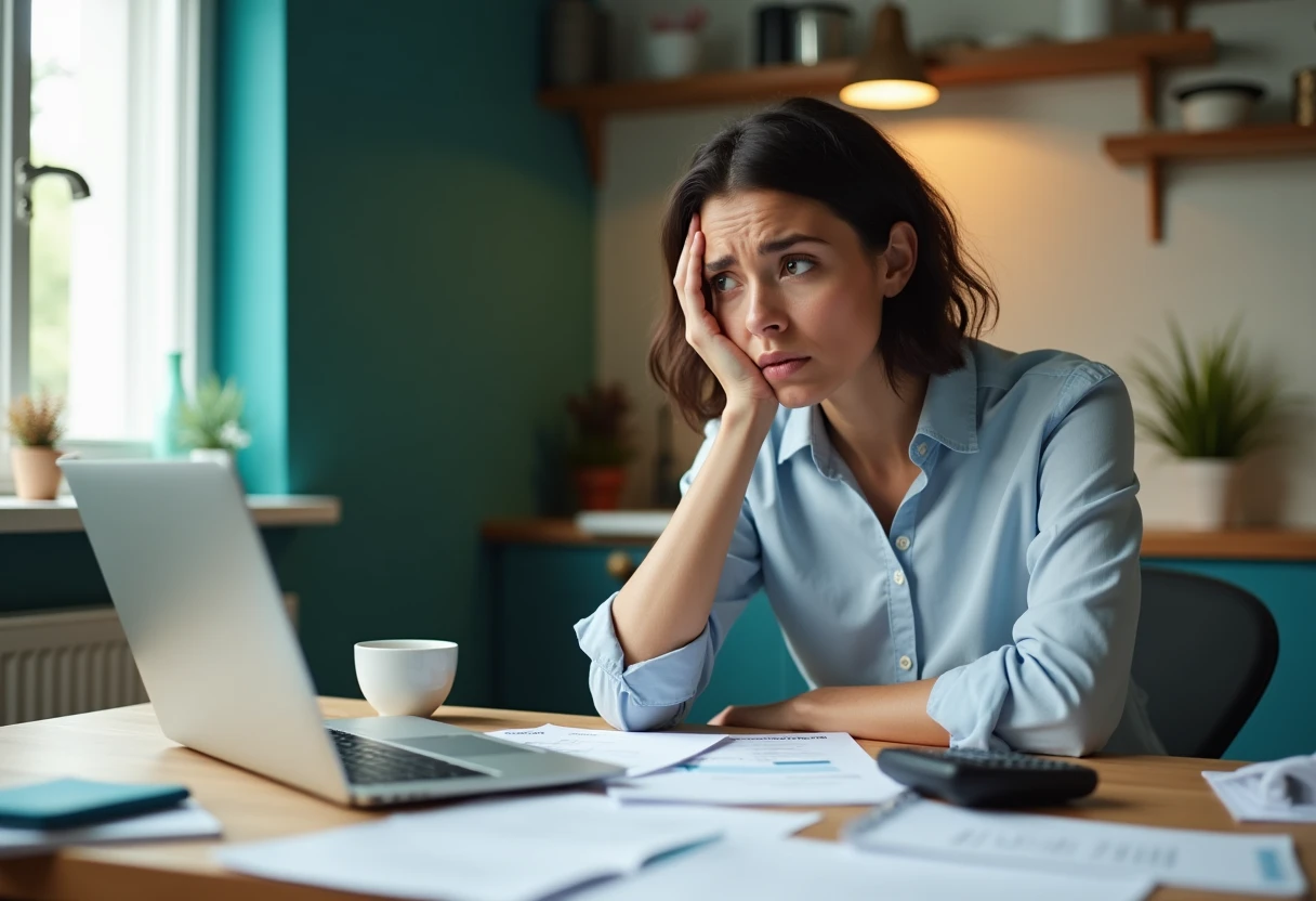 A concerned individual sits at a cluttered kitchen table, surrounded by loan paperwork and a laptop, with a calculator and a cup of coffee nearby. The warm, inviting colors of the room contrast with the individual's anxious expression, highlighting the tension of seeking a fast loan amid financial struggles.