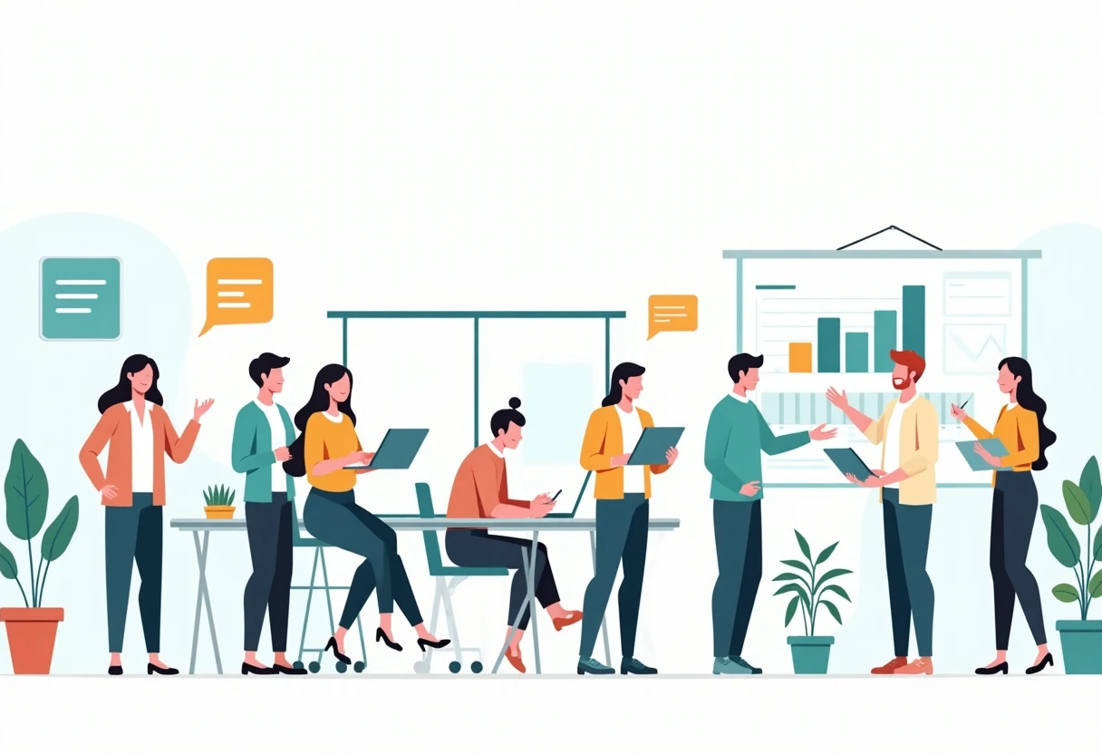A diverse group of young professionals in a bright, modern office setting, collaborating on tasks with laptops and notepads. They exude enthusiasm and teamwork, with warm colors and natural light creating an inviting atmosphere that highlights the energy of entry-level roles.
