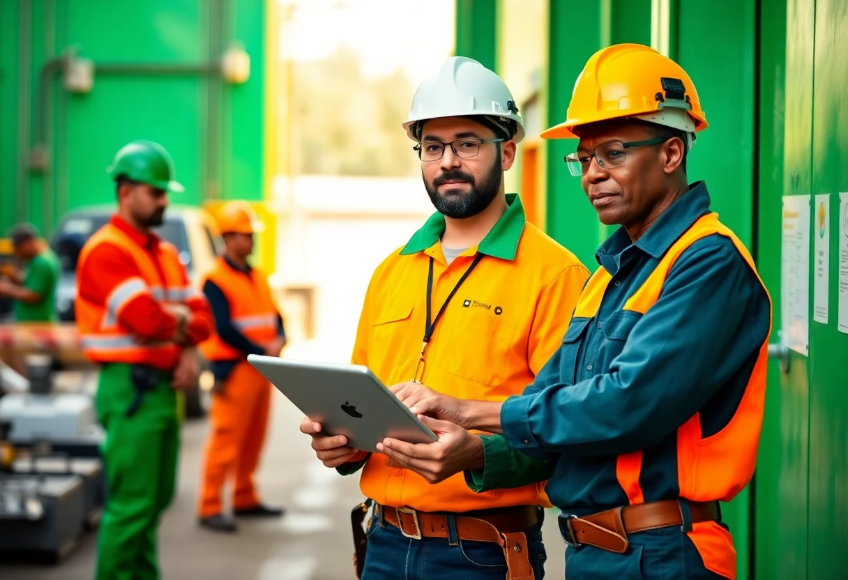 Trabajador técnico revisando un cronograma en una tablet dentro de un entorno industrial.