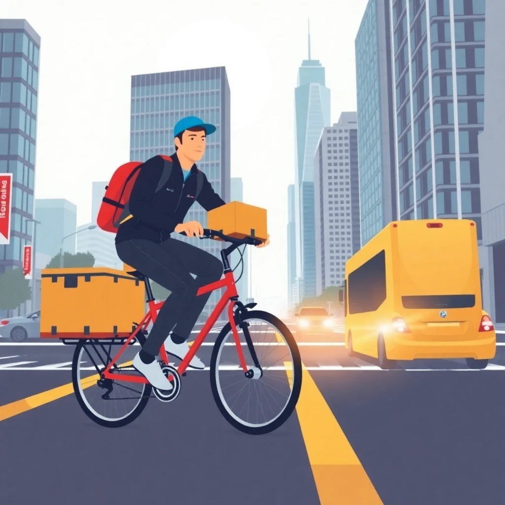 Repartidor en bicicleta en la ciudad