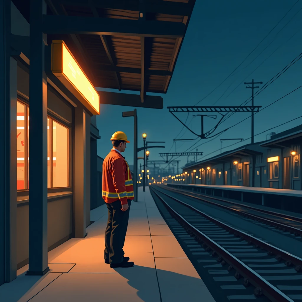 Guardia de seguridad nocturno en estación de tren