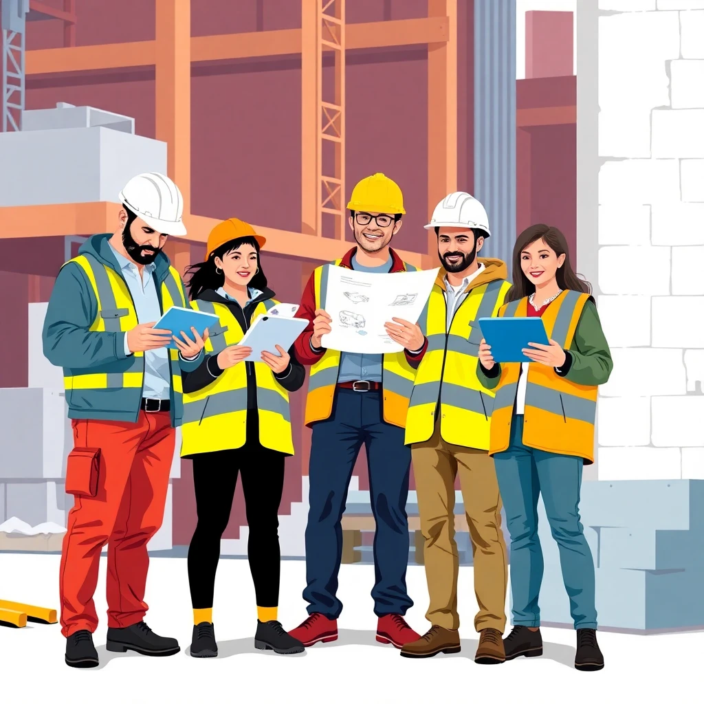 Construction workers using technology