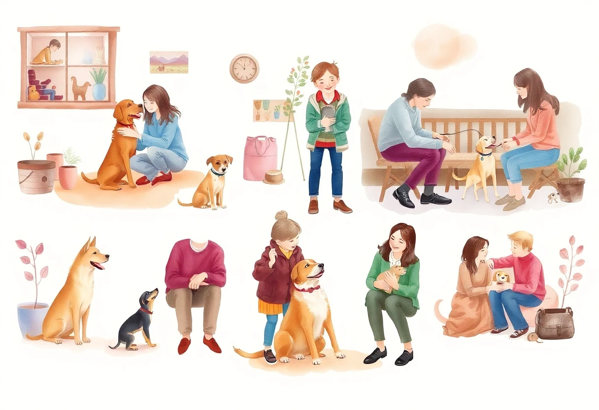 Family meeting a dog at a shelter